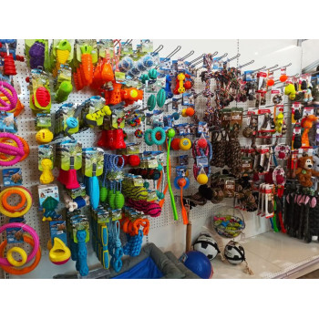 Presentoir de jouets pour animaux dans un magasin