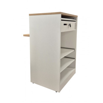 Caisson d'accueil ou comptoir avec repose porte sac blanc et couleur chêne vue de profil