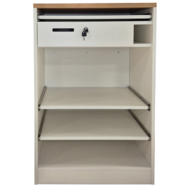 Meuble ou comptoir avec repose porte sac blanc et couleur chène vue interieur Meuble ou comptoir avec repose porte sac blanc et couleur chène vue interieur