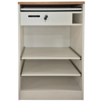 Meuble ou comptoir avec repose porte sac blanc et couleur chène vue interieur Meuble ou comptoir avec repose porte sac blanc et couleur chène vue interieur